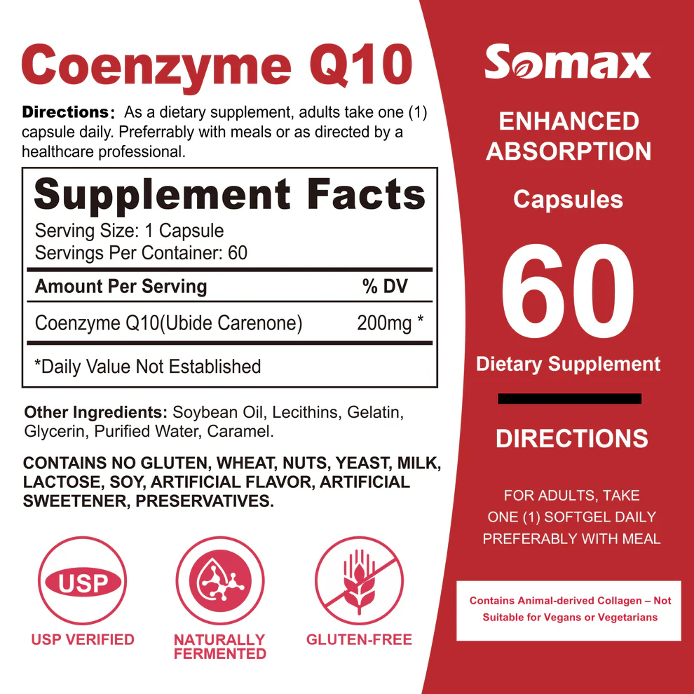 Somax辅酶Q10复合物200mg产品展示 - 60粒心脏健康软胶囊