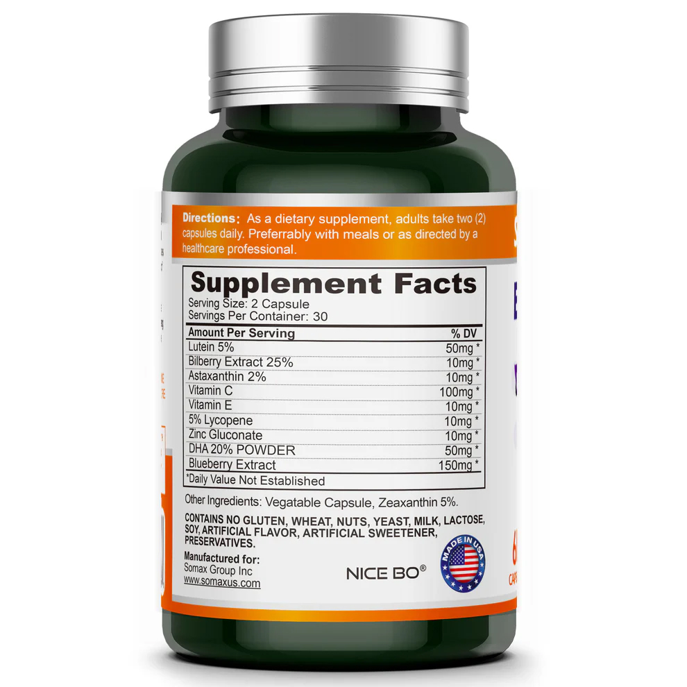 Somax护眼叶黄素产品背面成分标签 - 美国GMP认证生产